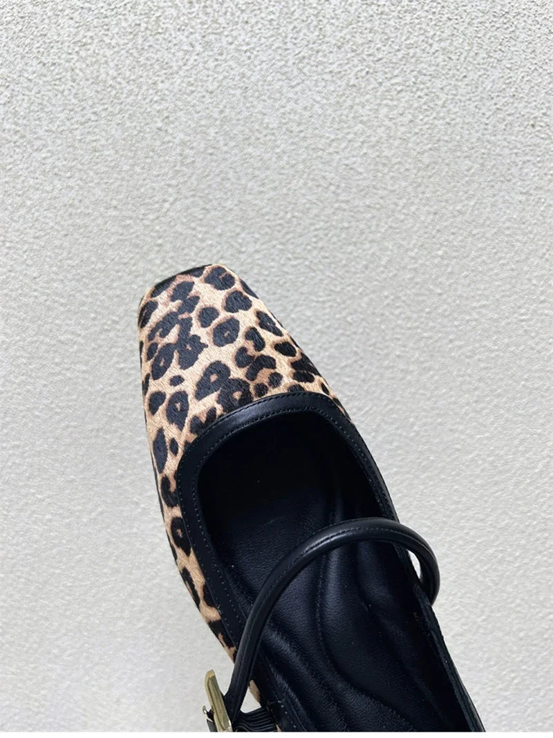 Designer Spring Autumn Women Leopard Shoes Fashion Shallow Buckle Ladies Flats Shoes Square Toe Women's Mary Jane Shoes