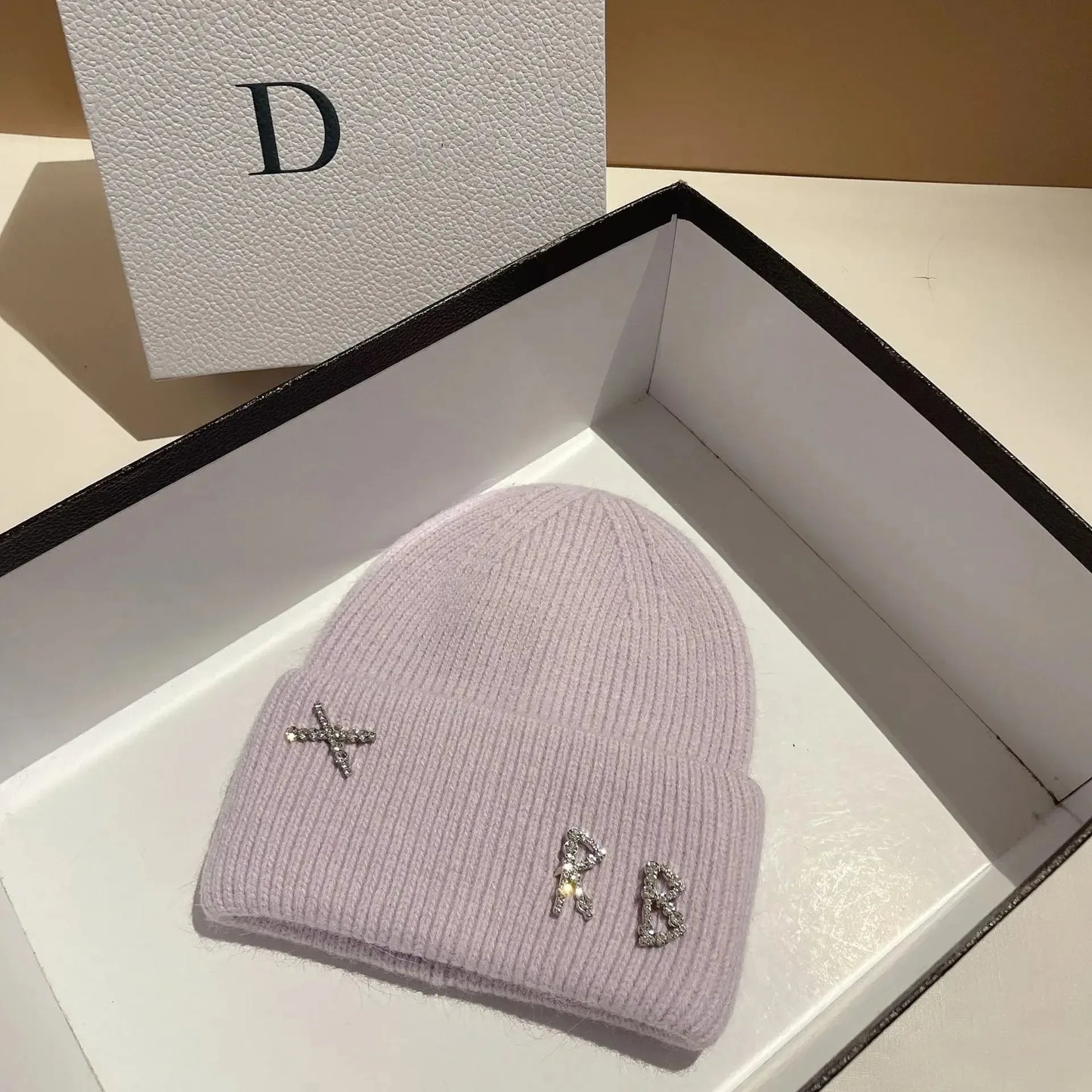 New Real fashion rabbit hair diamond letter hat Women's Winter warm knit hat Designer women's casual hat ski hat