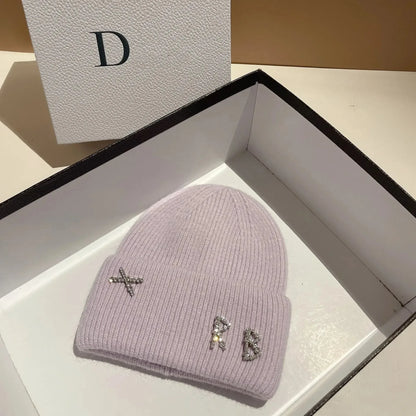 New Real fashion rabbit hair diamond letter hat Women's Winter warm knit hat Designer women's casual hat ski hat
