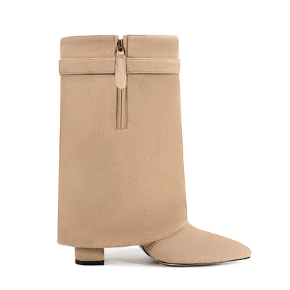 Autumn Winter New Pointed Metal Buckle Knee High Women's Boots, Thick High-heeled Pants Boots, Fashionable Mid Leg Boots