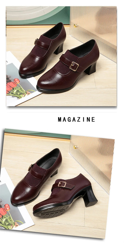 Autumn Fashion Comfort Deep Mouth Soft Leather Shoes Women Pumps 2024 Spring Block Heels Shoes for Office Mom Model Daily