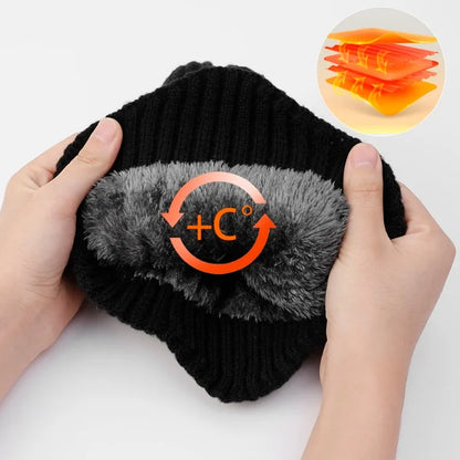 Men Winter Knitted Hat with Neck Scarf Plush Warmth Peaked Cap Earmuff 2025 Fashion Faux Fur Bomber Hats Cycling Ear Protection