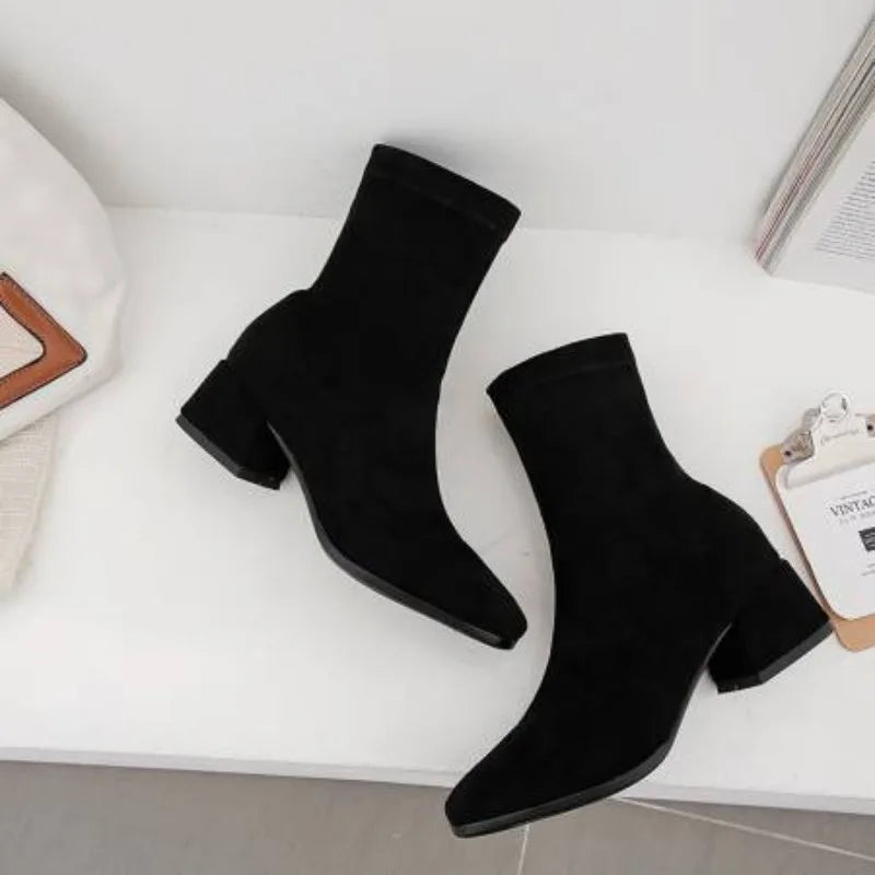 NASBAVI Woman Ankle Boots 2025 Autumn Winter Round Toe Low Heel Flock Black Comfortable Booties Lady Shoes Zapatos Mujer