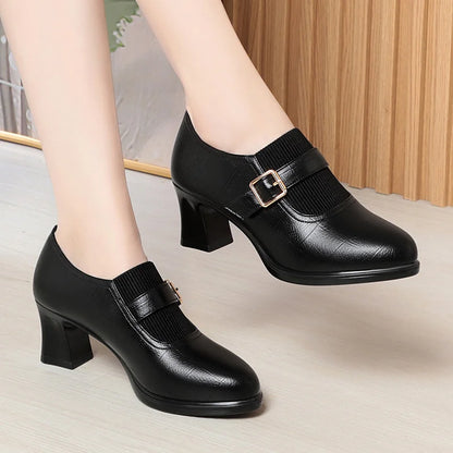 Autumn Fashion Comfort Deep Mouth Soft Leather Shoes Women Pumps 2024 Spring Block Heels Shoes for Office Mom Model Daily
