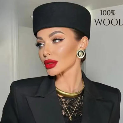 Women Wool Felt Berets Hat Vintage Hard Top Concave Top Fedoras Hats Wedding Fascinator Hats Wedding Cocktail Party Pillbox Cap