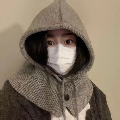 Knitted Hooded Caps Winter Balaclava Hats Women Korean Style Outdoor Warmer Drawstring Hats One-piece Neck Collar Beanies Cap