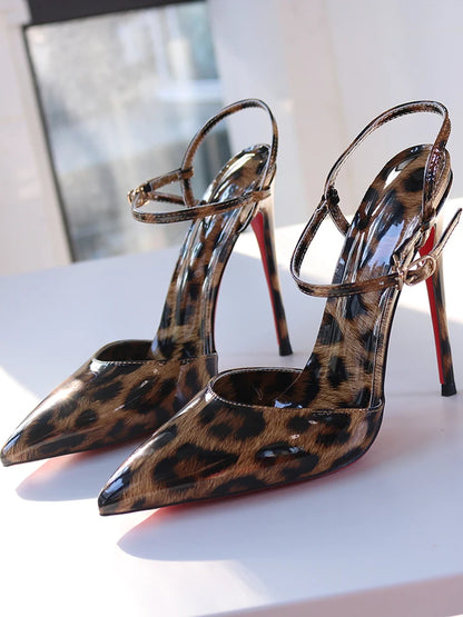 Red Background Leopard Print High-heeled Sandals with A Straight Buckle Thin Heel Pointed Toe Fashionable and Sexy Big Size 12CM