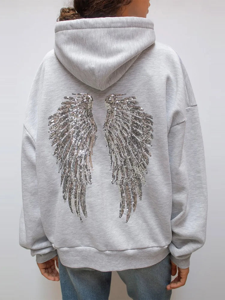 Women Fashion Sequin Angel Wings Printed Hoodies Casual Long Sleeved Hooded Solid Color Tops 2025 New High Street Y2k Outwear