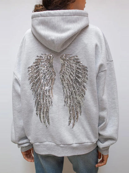 Women Fashion Sequin Angel Wings Printed Hoodies Casual Long Sleeved Hooded Solid Color Tops 2025 New High Street Y2k Outwear