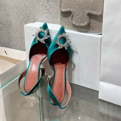 2026 Spring Autumn EU US Satin Slingback Women Sandals Pointed Flared Heels Sun Rhinestone Crystal Wedding Party Dress Heels