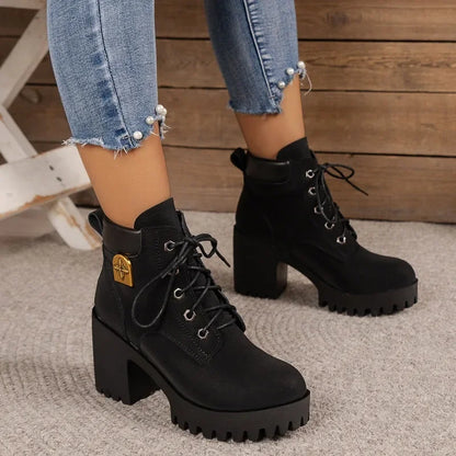 Women Retro Round Toe Chunky Heels Ankle Boots Autumn New High Heels Shoes Woman Lace Up Platform Fur Short Booties Big Size 42