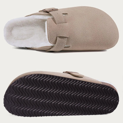 Comwarm Fur Lined Clogs For Women Men Winter Fuzzy Cork Slippers Fur Cork Mules Short Plush House Cork Shoes Winter zuecos mujer