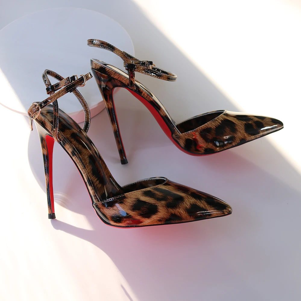 Red Background Leopard Print High-heeled Sandals with A Straight Buckle Thin Heel Pointed Toe Fashionable and Sexy Big Size 12CM