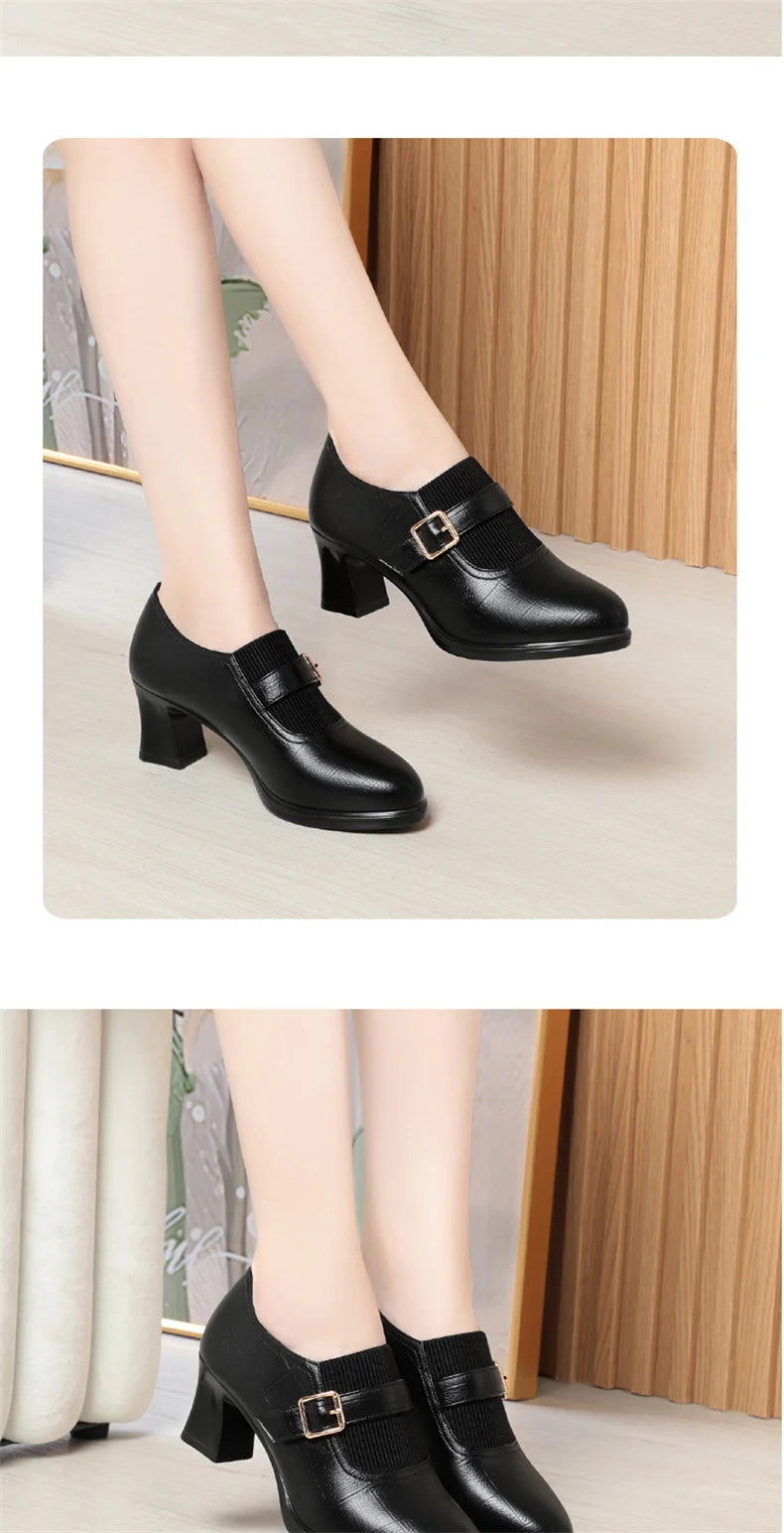 Autumn Fashion Comfort Deep Mouth Soft Leather Shoes Women Pumps 2024 Spring Block Heels Shoes for Office Mom Model Daily