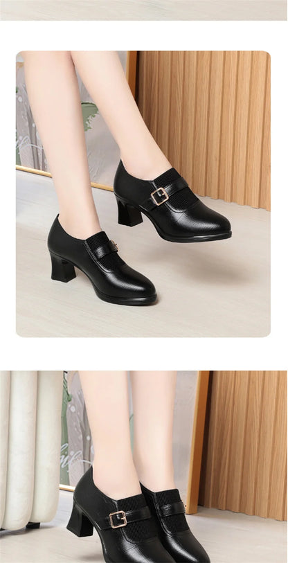 Autumn Fashion Comfort Deep Mouth Soft Leather Shoes Women Pumps 2024 Spring Block Heels Shoes for Office Mom Model Daily
