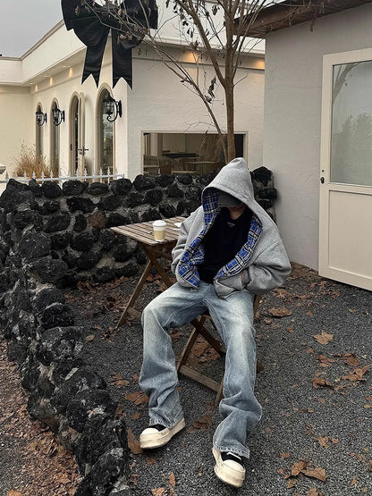 Mauroicardi Spring Oversized Reversible Hoodies Men Luxury Designer Clothing Hoodie with Plaid Lining Sweatshirt Streetwear 2025