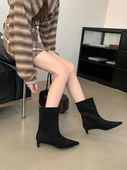 Autumn Winter Pointed Toe Ankle Boots Women Designer Vintage Thin Low Heel Shoes Modern SHort Botas Zapatos De Mujer