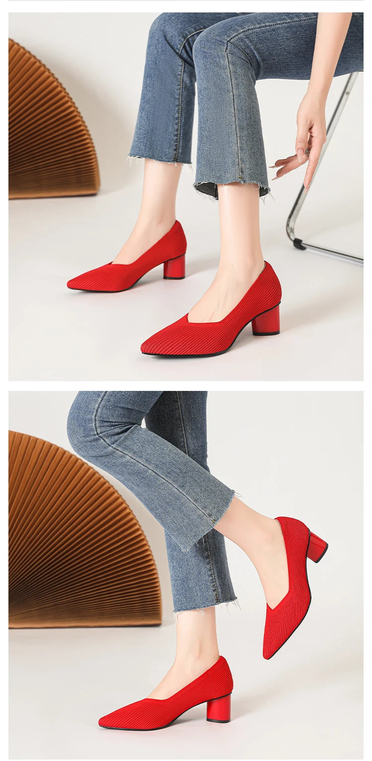 Women's high heels, pointed knit breathable and comfortable shoes (5cm high), new for autumn 2024