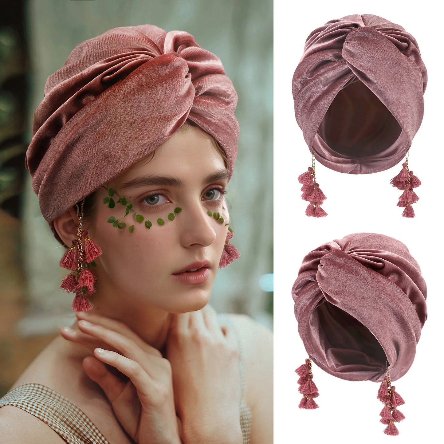 New Muslim Women Velvet Tassel Turban Hat Soft Stretch Bohemian Cross Pullover Bandana Headband Beanie Cap Islamic Head Wrap