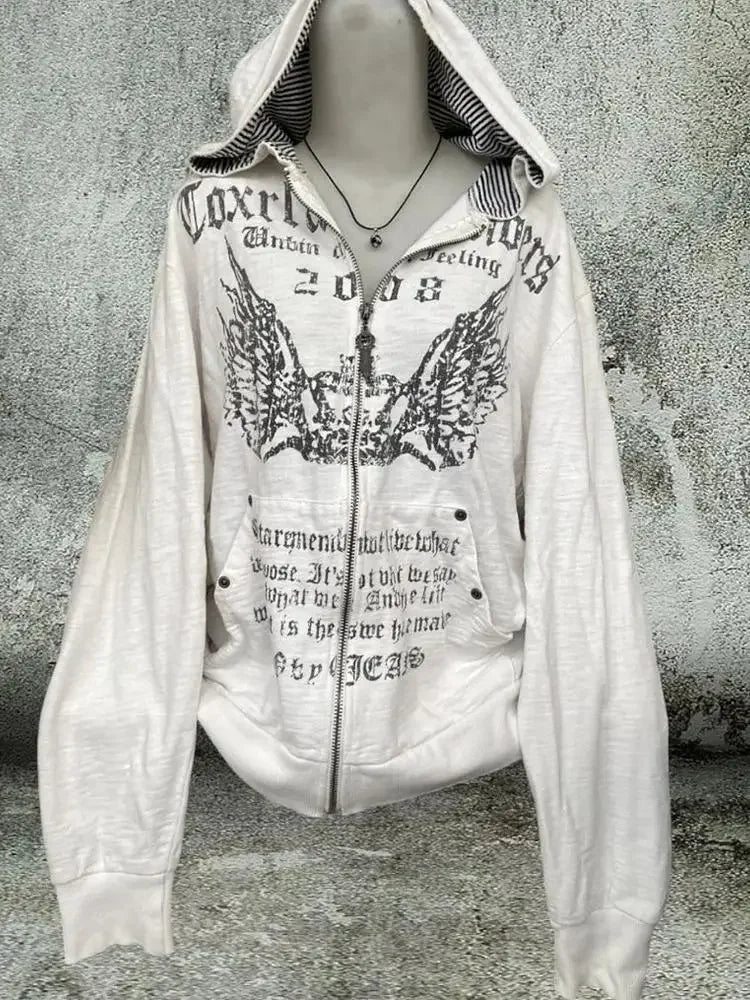 Gohic Vintage Sweatshirts Women's Jackets White Print Tunic Hooded Y2k Coat Streetwear Fashion Casual Hoodies Tops Ropa Mujer