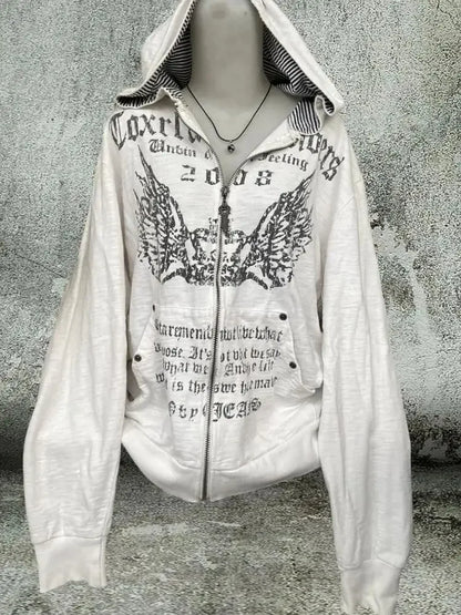 Gohic Vintage Sweatshirts Women's Jackets White Print Tunic Hooded Y2k Coat Streetwear Fashion Casual Hoodies Tops Ropa Mujer