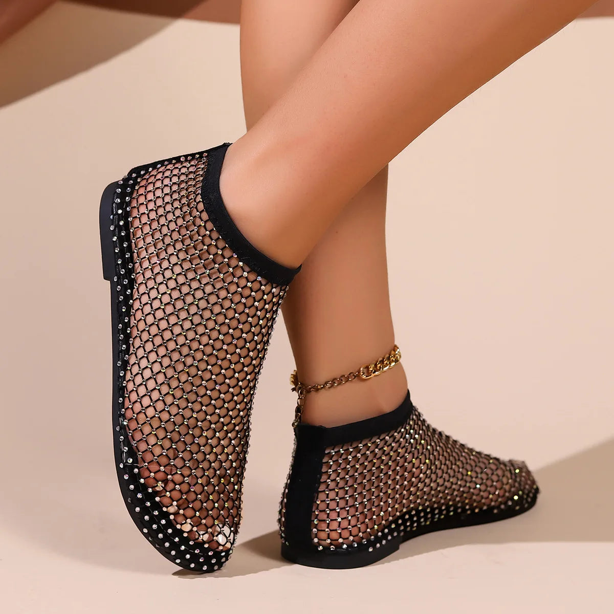 New Women's Luxury Brand Round Toe Flat Bottom Sandals Summer Hollow Short Boots Water Diamond Sexy Flat Bottom Shoes Sandals