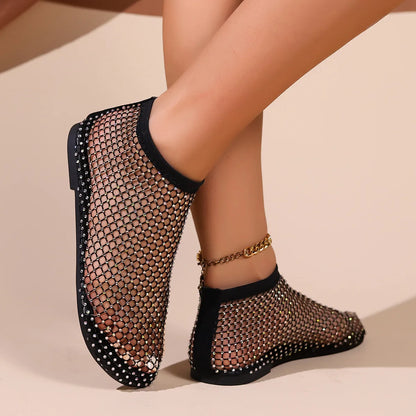 New Women's Luxury Brand Round Toe Flat Bottom Sandals Summer Hollow Short Boots Water Diamond Sexy Flat Bottom Shoes Sandals