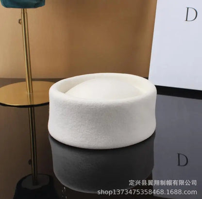 Women Wool Felt Berets Hat Vintage Hard Top Concave Top Fedoras Hats Wedding Fascinator Hats Wedding Cocktail Party Pillbox Cap
