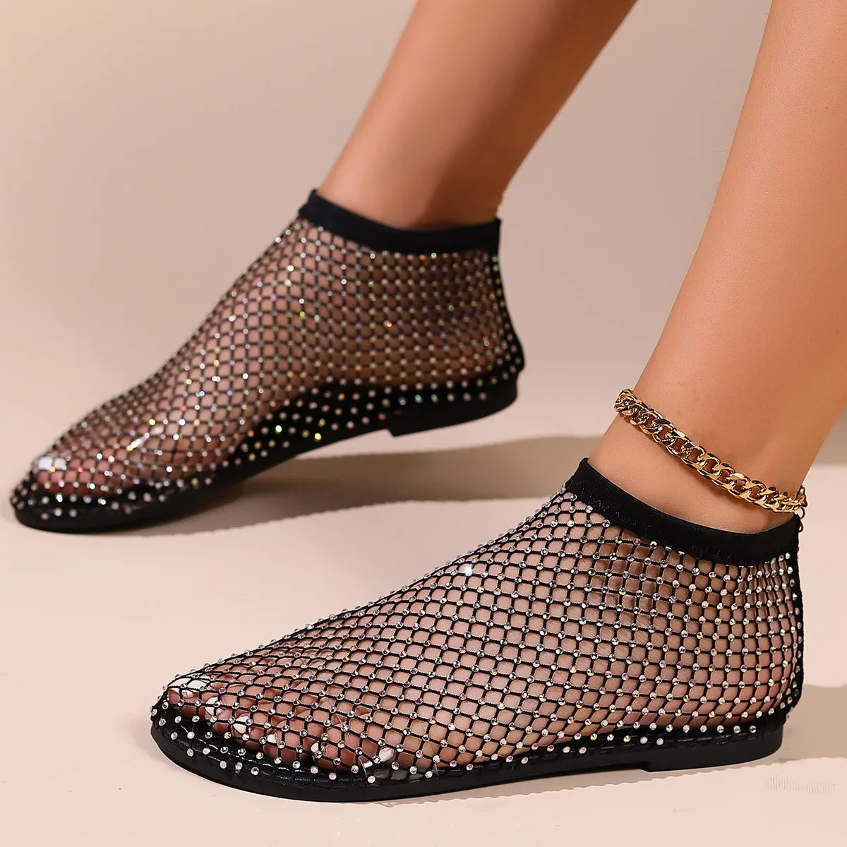 New Women's Luxury Brand Round Toe Flat Bottom Sandals Summer Hollow Short Boots Water Diamond Sexy Flat Bottom Shoes Sandals