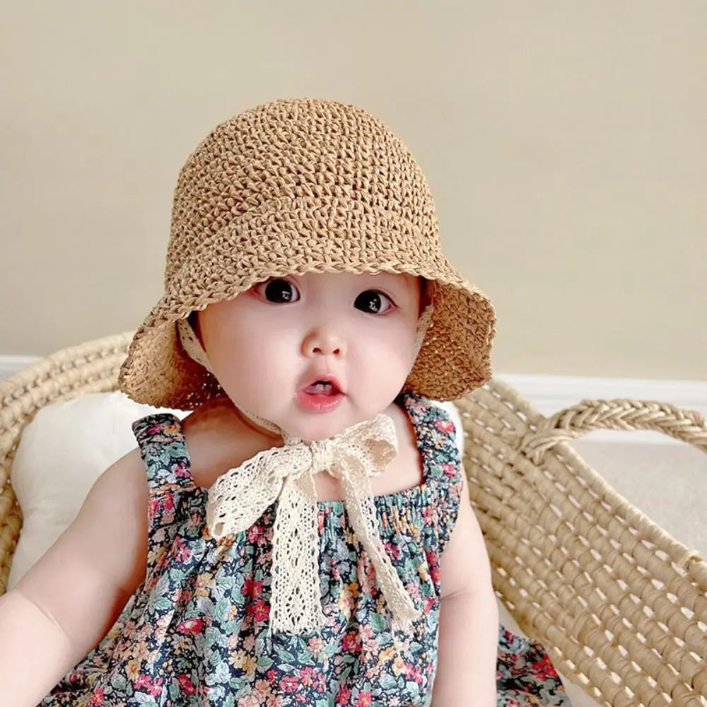 Fashion Lace Baby Hat Summer Straw Bow Baby Girl Cap Beach Children Panama Hat Princess Baby Hats and Caps for Kids 1PC