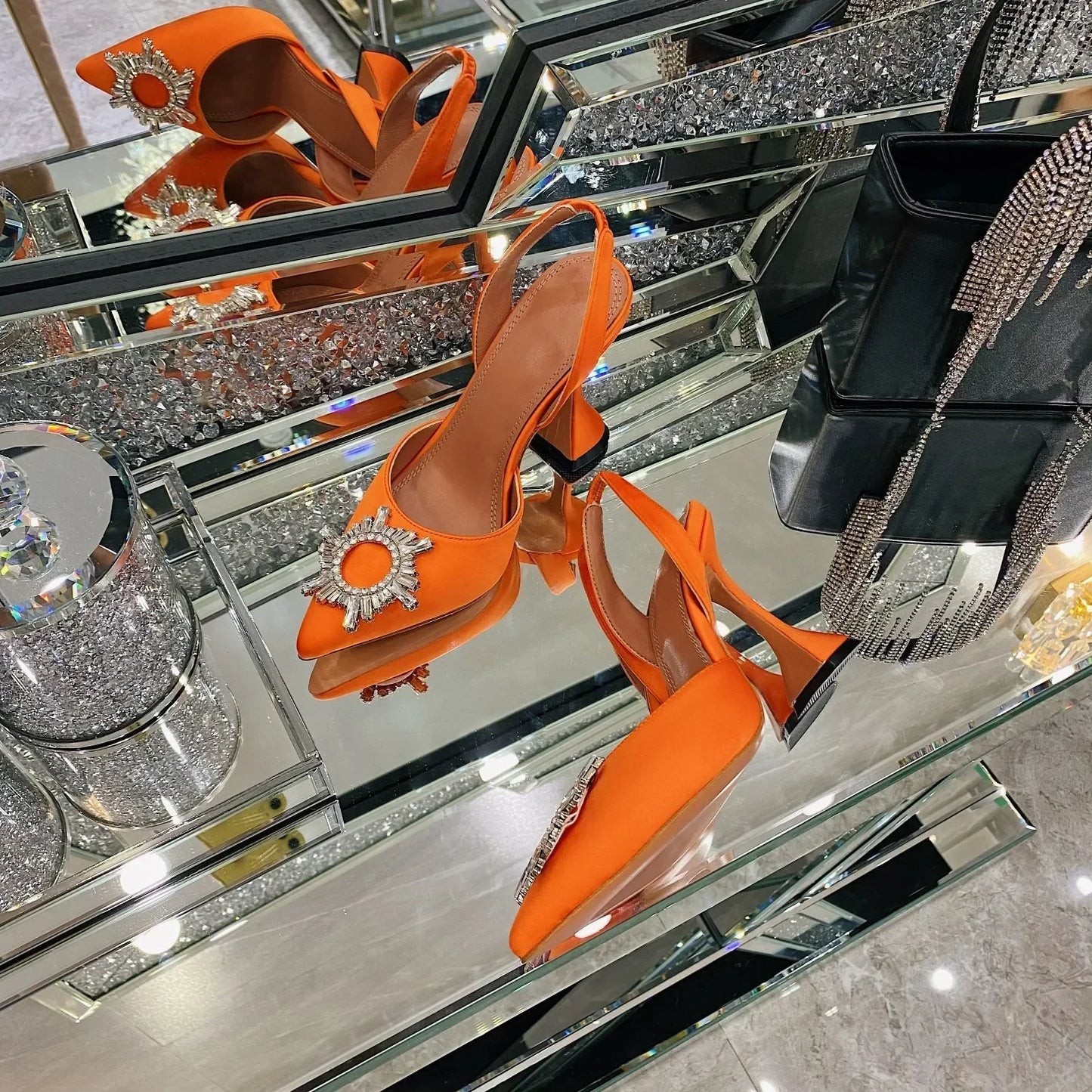 2026 Spring Autumn EU US Satin Slingback Women Sandals Pointed Flared Heels Sun Rhinestone Crystal Wedding Party Dress Heels