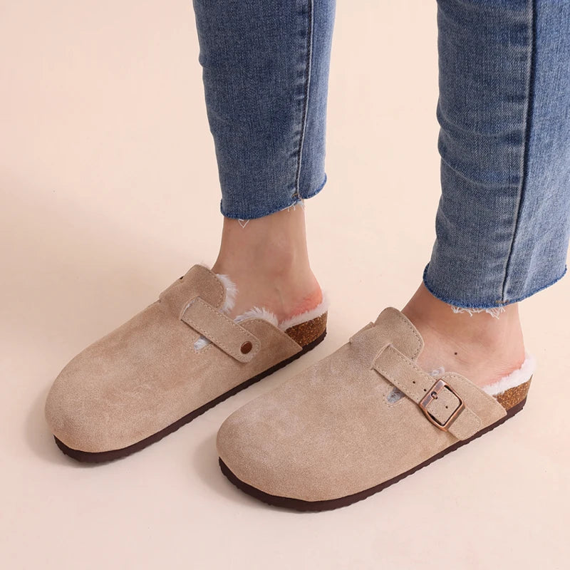 Comwarm Fur Lined Clogs For Women Men Winter Fuzzy Cork Slippers Fur Cork Mules Short Plush House Cork Shoes Winter zuecos mujer