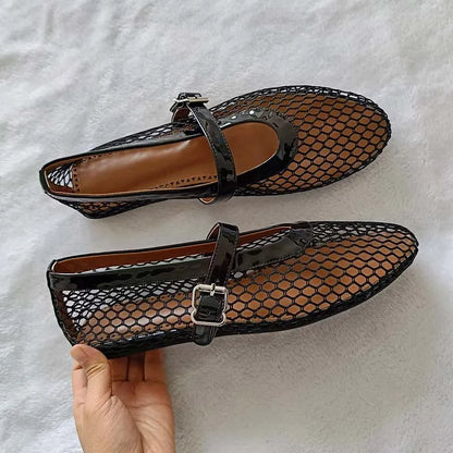 Fashion women mesh ballet falts round toe buckle strap pumps
