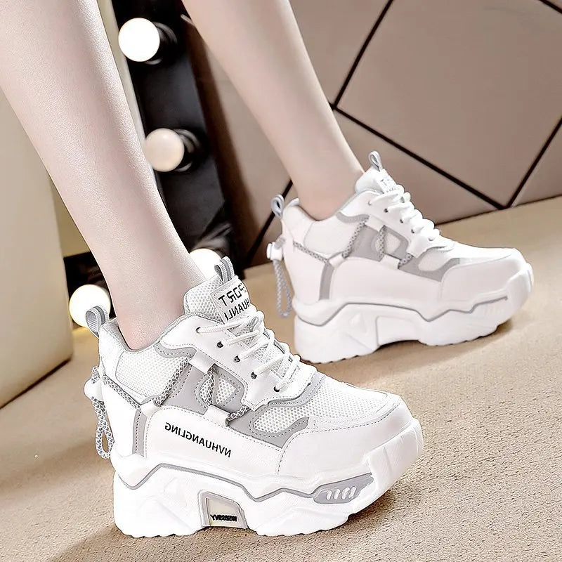 Trendy Interior Height Increasing Vulcanized Women's Shoes 2024 Autumn Style Simple Casual Sports High Heels Women's Dad Shoes