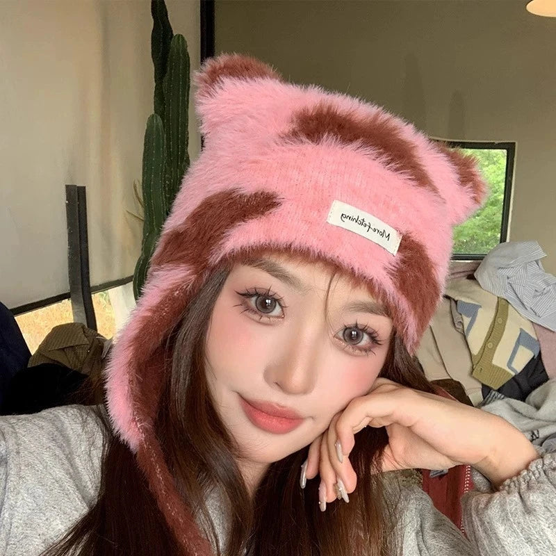 Winter Mink Velvet Fur Beanies for Women Men Cute Bear Ear Knitted Hat Crimped Straps Pullover Hat Hoody Balaclava Mom Gift