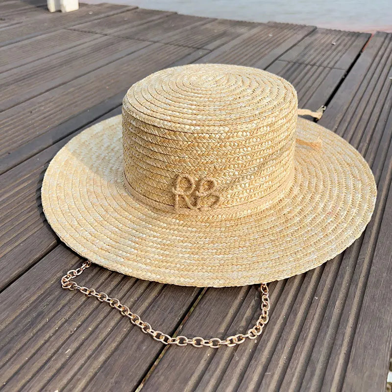 2025 New European American Fashion Design Natural Straw Hat Female Handmade Letter Sun Hat Metal Chain Sunshade Designer Hat
