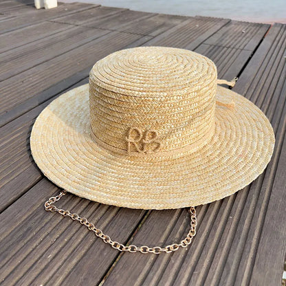 2025 New European American Fashion Design Natural Straw Hat Female Handmade Letter Sun Hat Metal Chain Sunshade Designer Hat