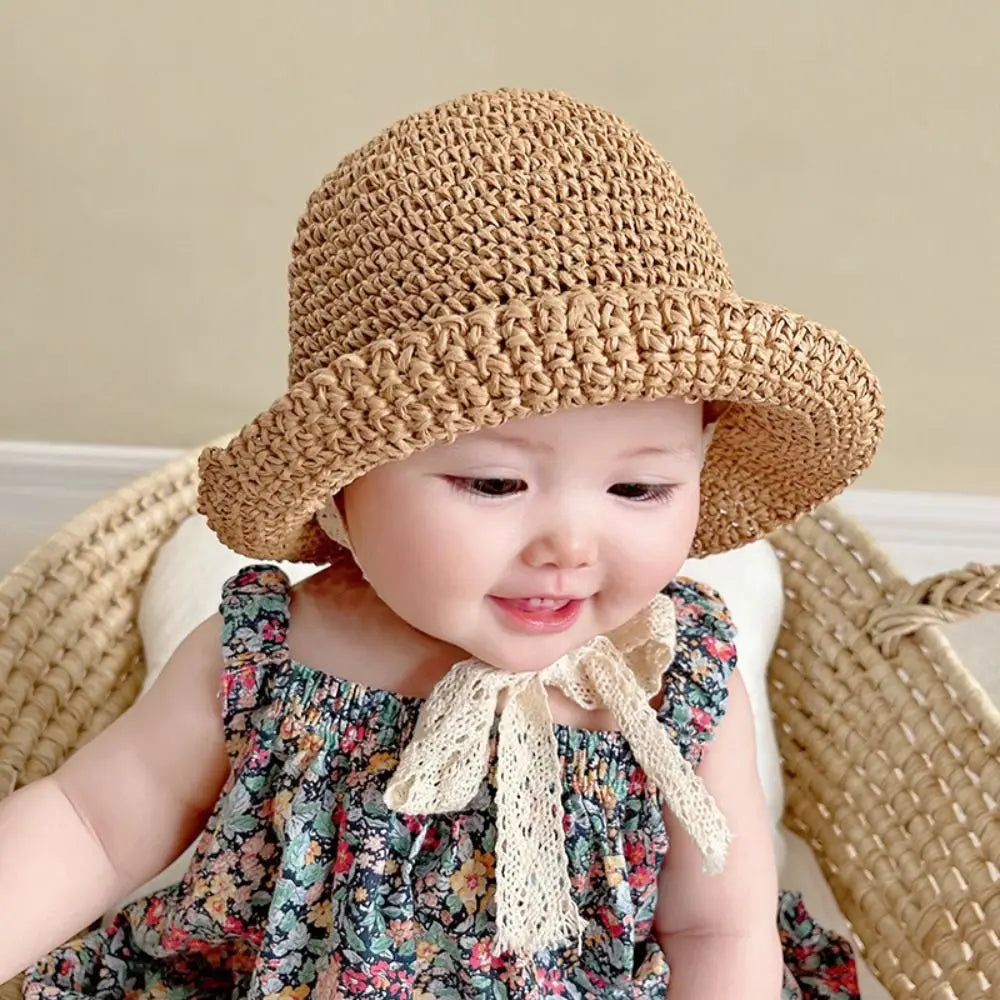 Fashion Lace Baby Hat Summer Straw Bow Baby Girl Cap Beach Children Panama Hat Princess Baby Hats and Caps for Kids 1PC