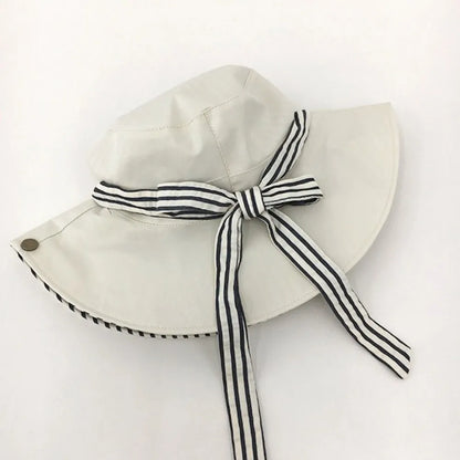 Retro Wide Brim Reversible Bucket Hat UV Protection Breathable Striped Sun Hat Windproof Foldable Fishmen Hat Vacation