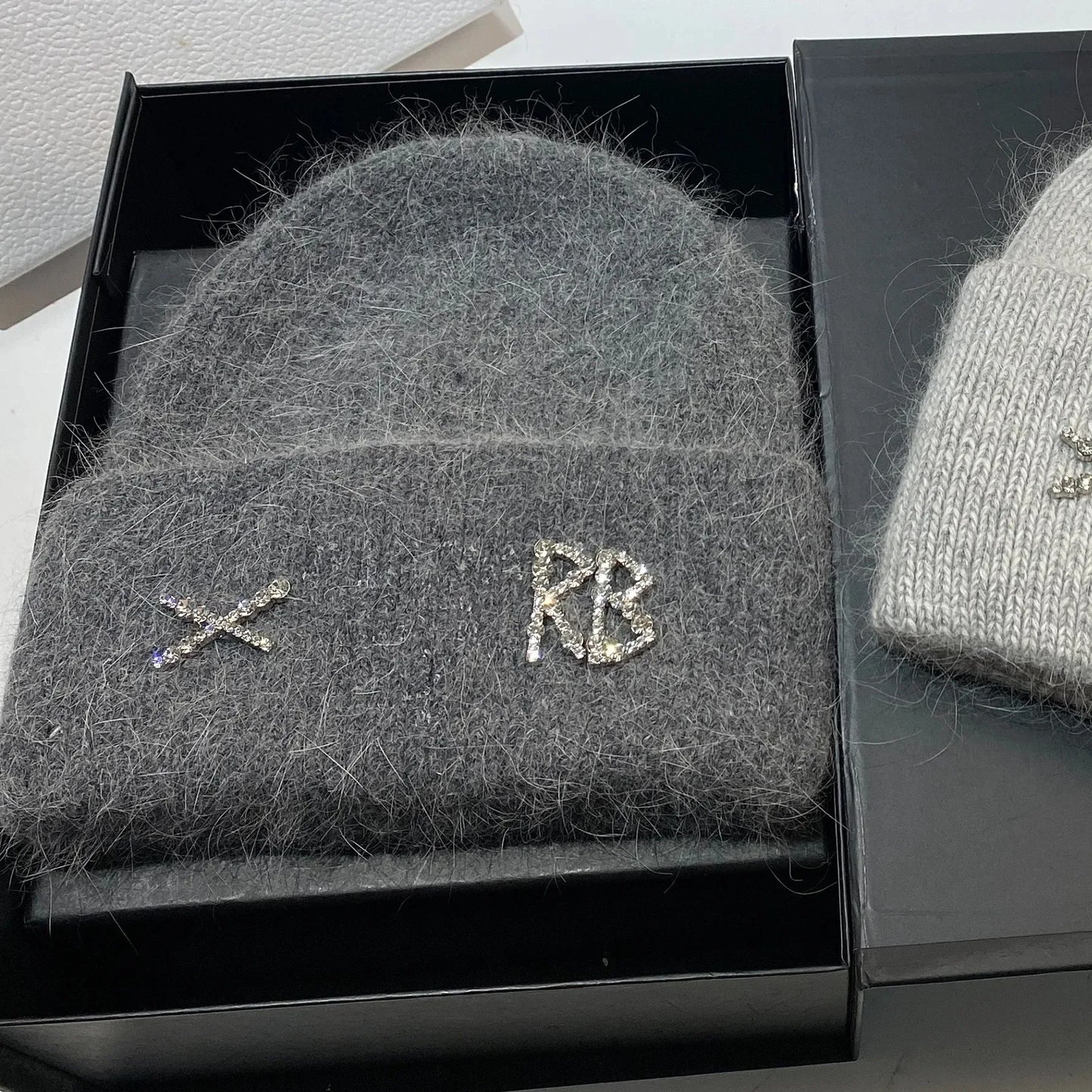 New Real fashion rabbit hair diamond letter hat Women's Winter warm knit hat Designer women's casual hat ski hat