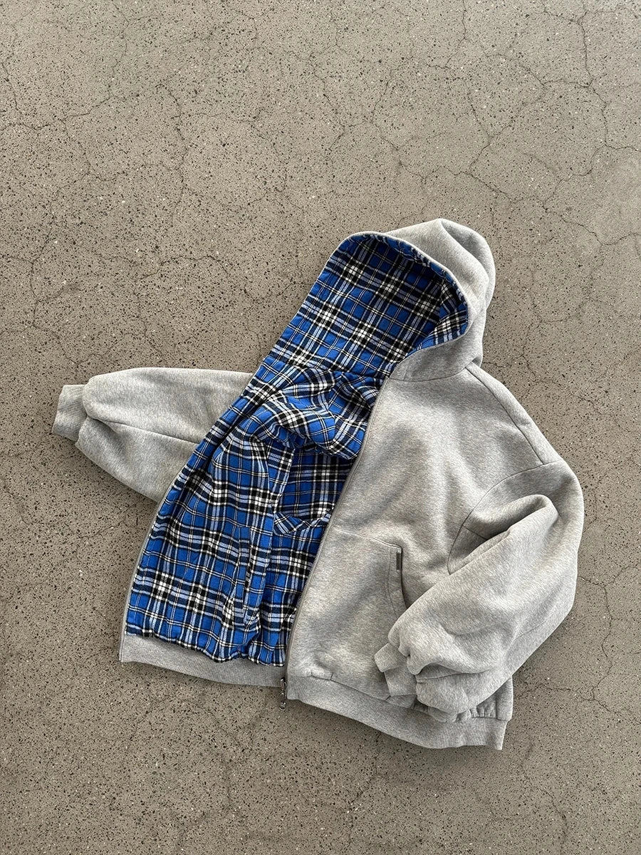 Casual Reversible Hoodies for Men Street Clothes Oversized Zip Up Hoodie Simple with Plaid Lining Solid Color Retro Sweatshirt