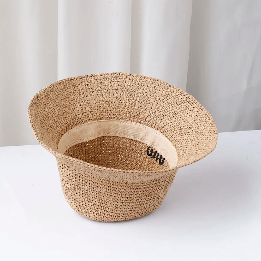 NEW Handmade High quality letter embroidery Sun Hat Wide Brim Floppy Summer Hats For Women Beach Panama Straw Dome Bucket Hat