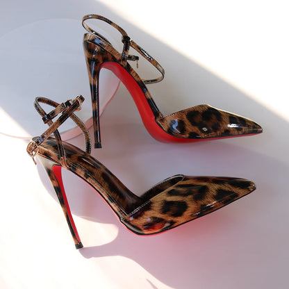 Red Background Leopard Print High-heeled Sandals with A Straight Buckle Thin Heel Pointed Toe Fashionable and Sexy Big Size 12CM