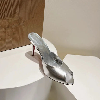 2026 New Black Fish Mouth Ultra High Women's Shoes, Sexy High Heels, Wearing Straight Pointed Lacquer Leather Open Toed Slippers