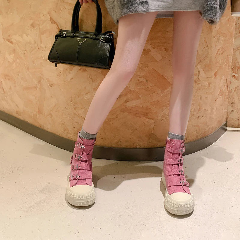 2024 Spring and Autumn New Thick soled Short tube Canvas Boots French Casual Breathable Buckle Fashion Women's Single Shoes
