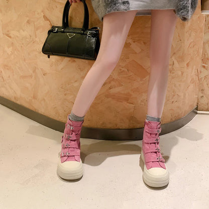 2024 Spring and Autumn New Thick soled Short tube Canvas Boots French Casual Breathable Buckle Fashion Women's Single Shoes