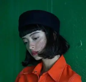 Women Wool Felt Berets Hat Vintage Hard Top Concave Top Fedoras Hats Wedding Fascinator Hats Wedding Cocktail Party Pillbox Cap