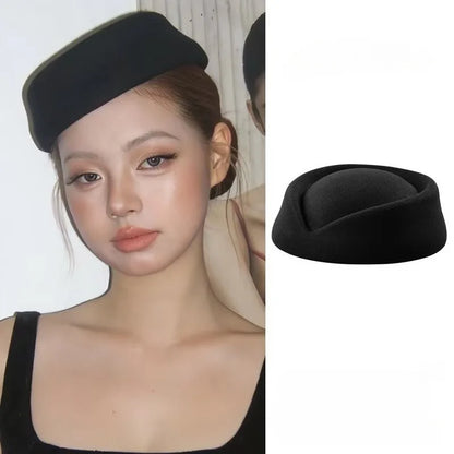 Hepburn Style Black Flat Top Berets Hat Women's French High-end Aviation Stewardess Hat Retro Republic of China Beret