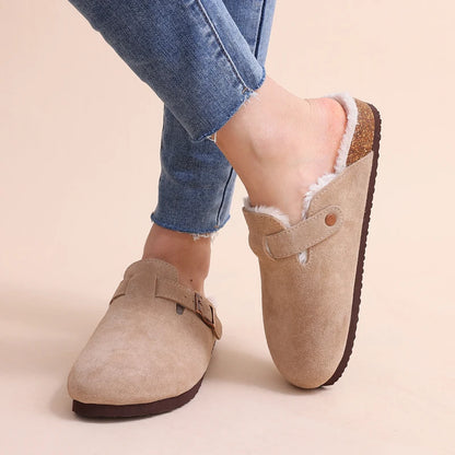 Comwarm Fur Lined Clogs For Women Men Winter Fuzzy Cork Slippers Fur Cork Mules Short Plush House Cork Shoes Winter zuecos mujer