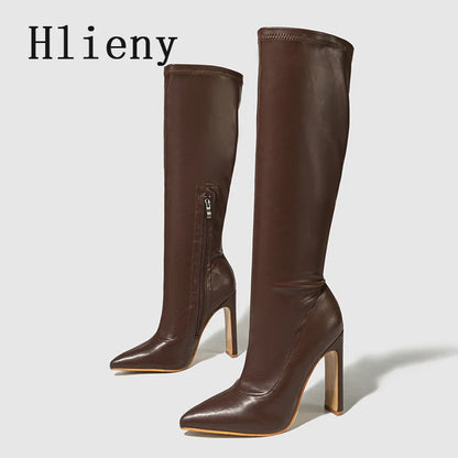 Hlieny Autumn Winter Women Knee-High Boots Fashion Pointed Toe High Heels Shoes Zipper Office Lady Long Botas De Mujer Size 42